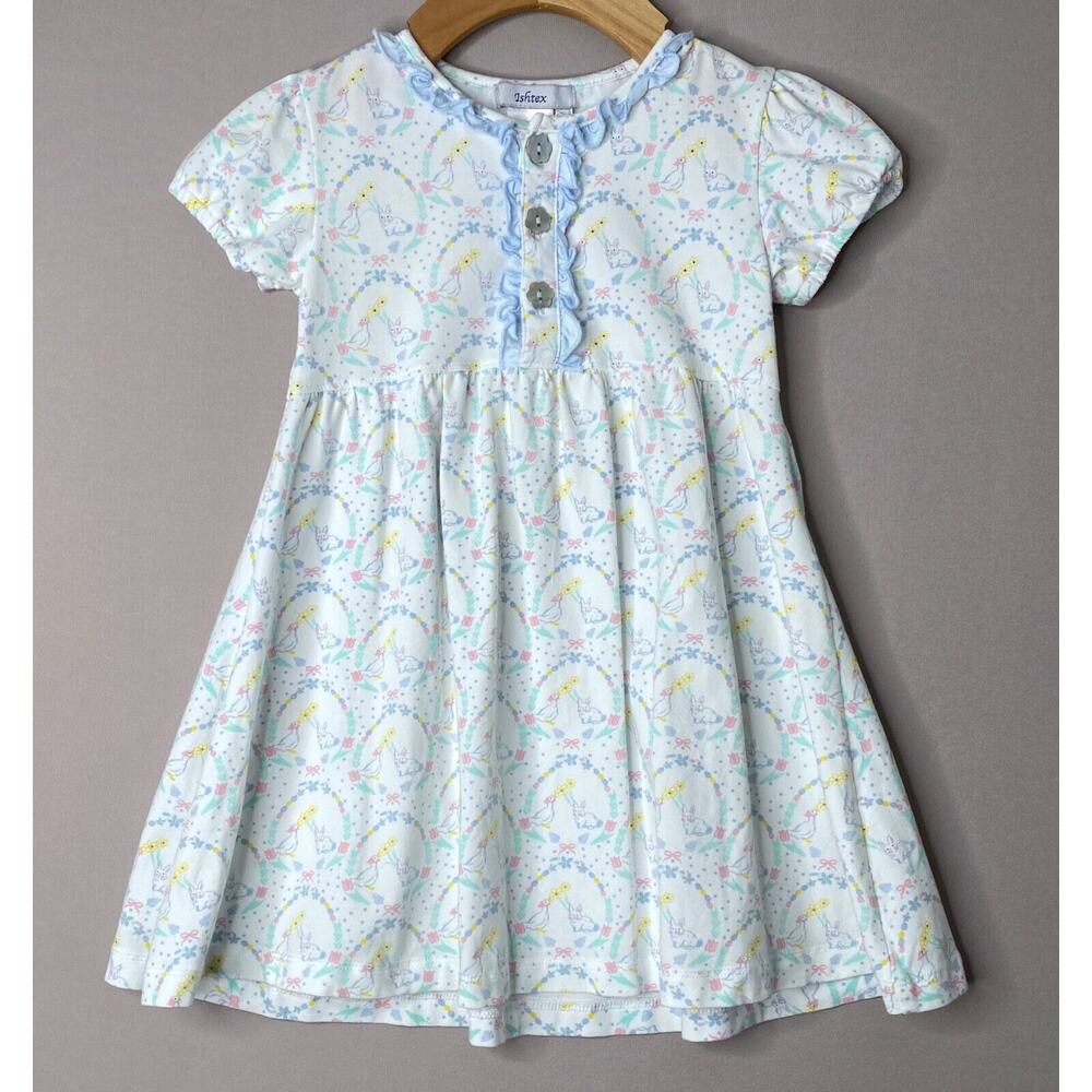 Ishtex White Bunny/Duck/Floral Pastel Print Short Sleeve Dress Girls 3 Yrs